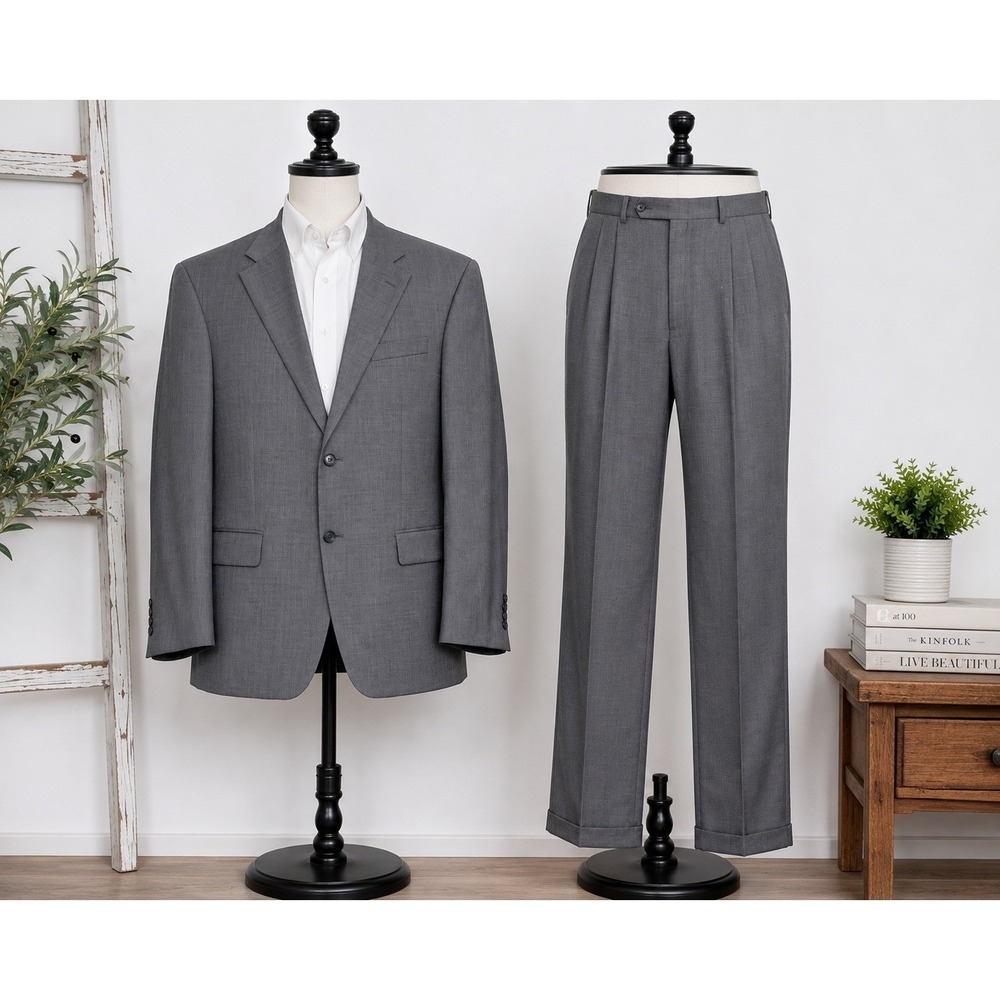 Geoffrey Beene Suit Mens 38x26 Gray Pleated Cuffed 2 Button Blazer Trousers Set